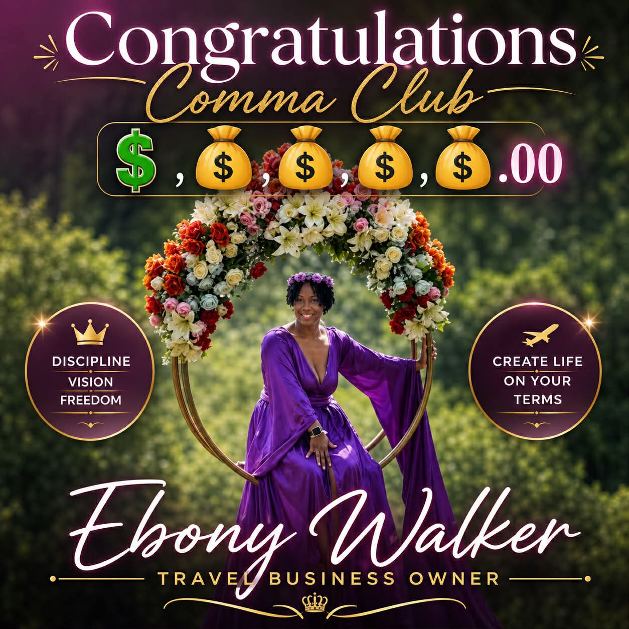 Ebonye Walker celebrating a Travel Dynasty Comma Club milestone
