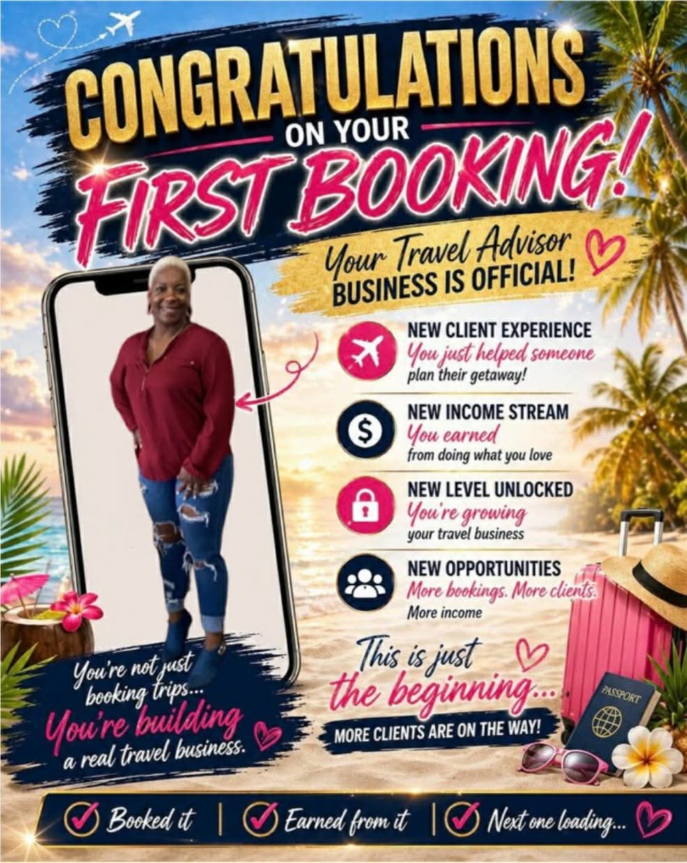 Travel advisor celebrating her first client booking