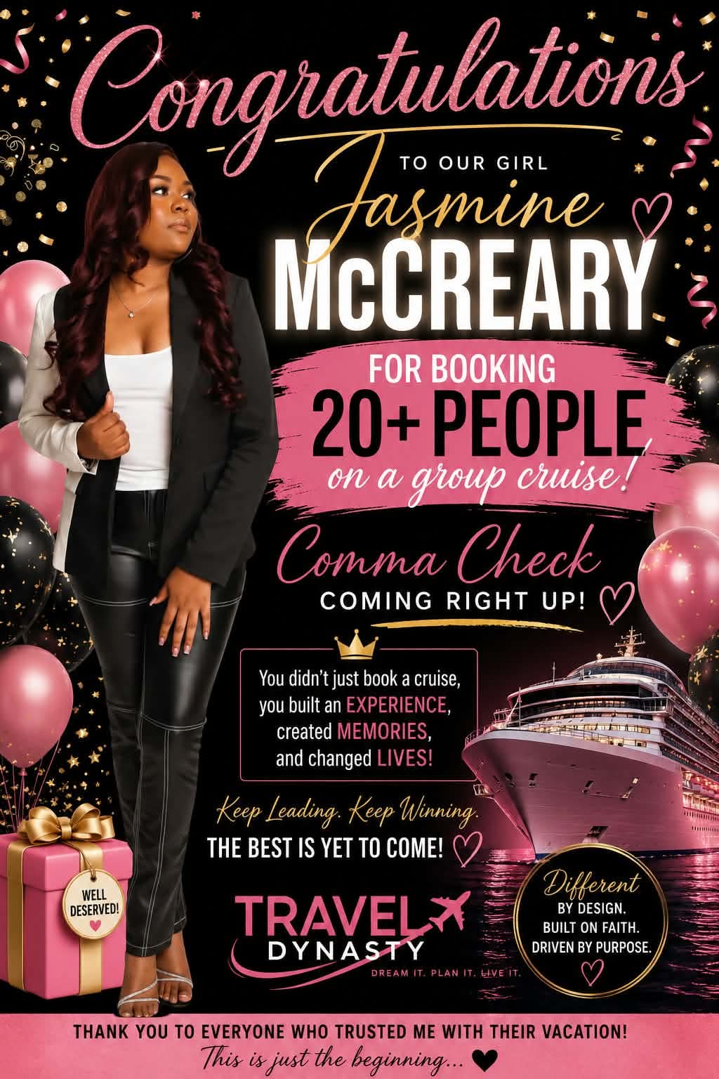 Jasmine McCreary celebrating booking more than 20 people on a group cruise