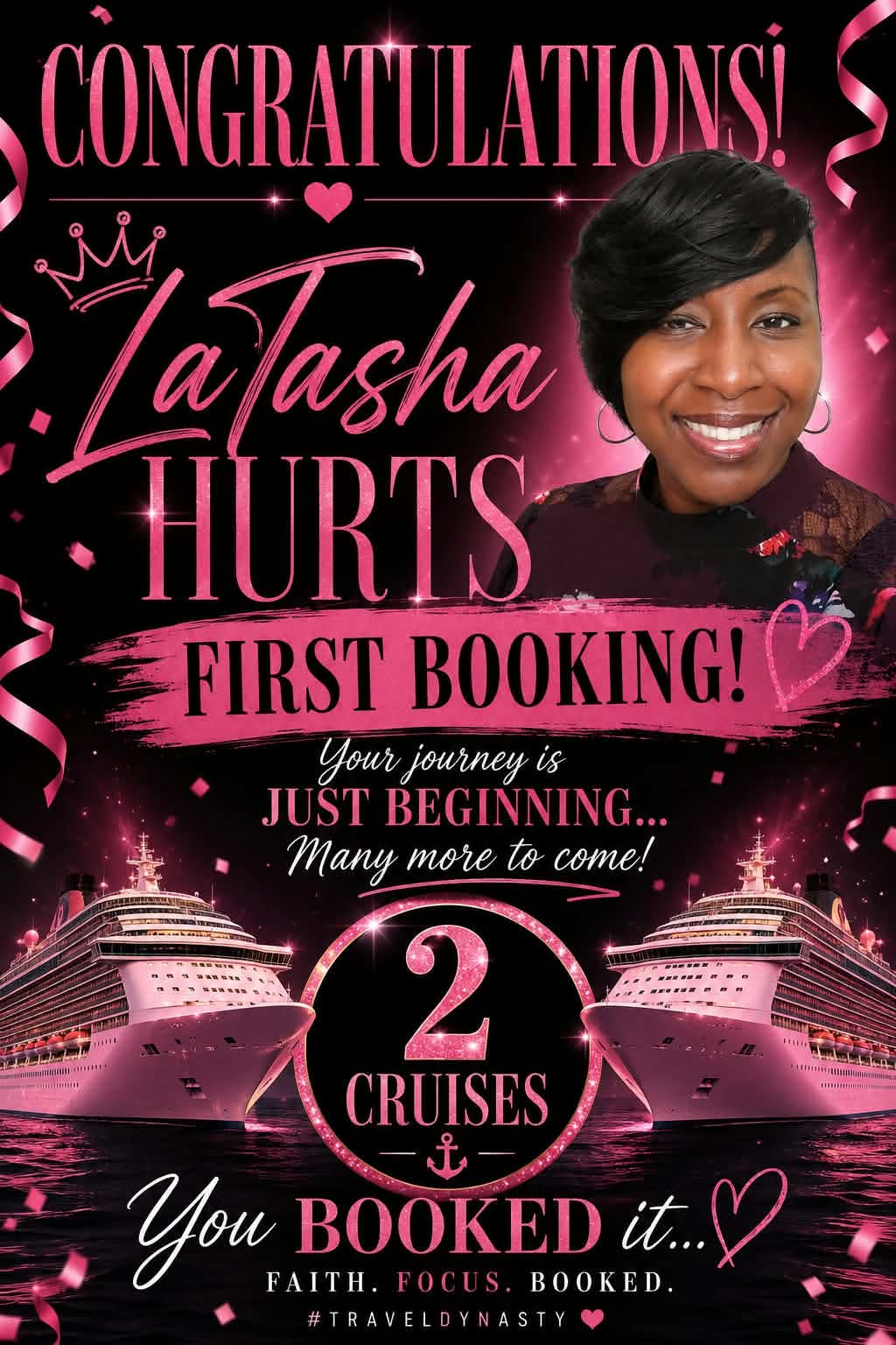 LaTasha Hurts celebrating her first booking of two cruises