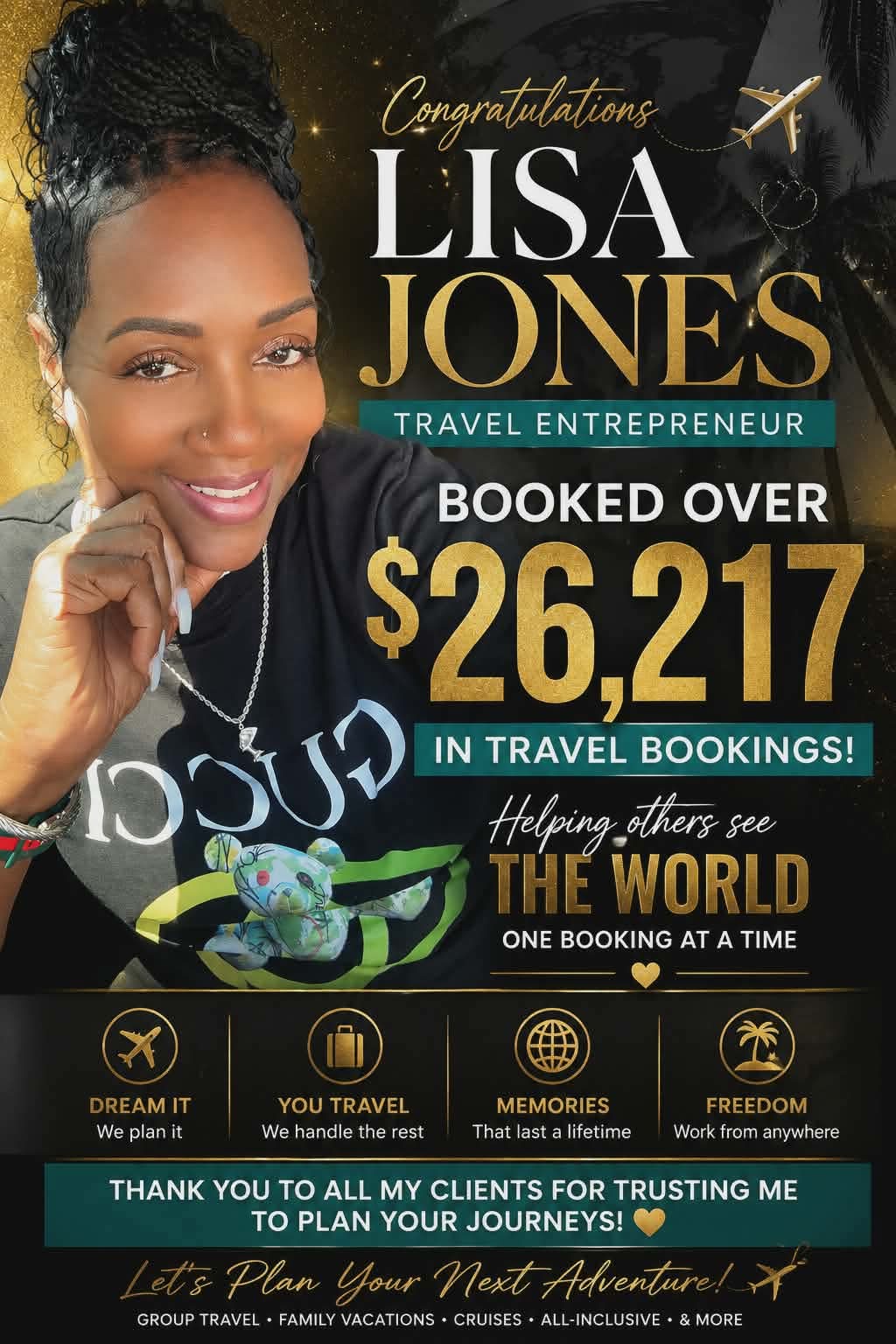 Lisa Jones celebrating more than 26,217 dollars in travel bookings