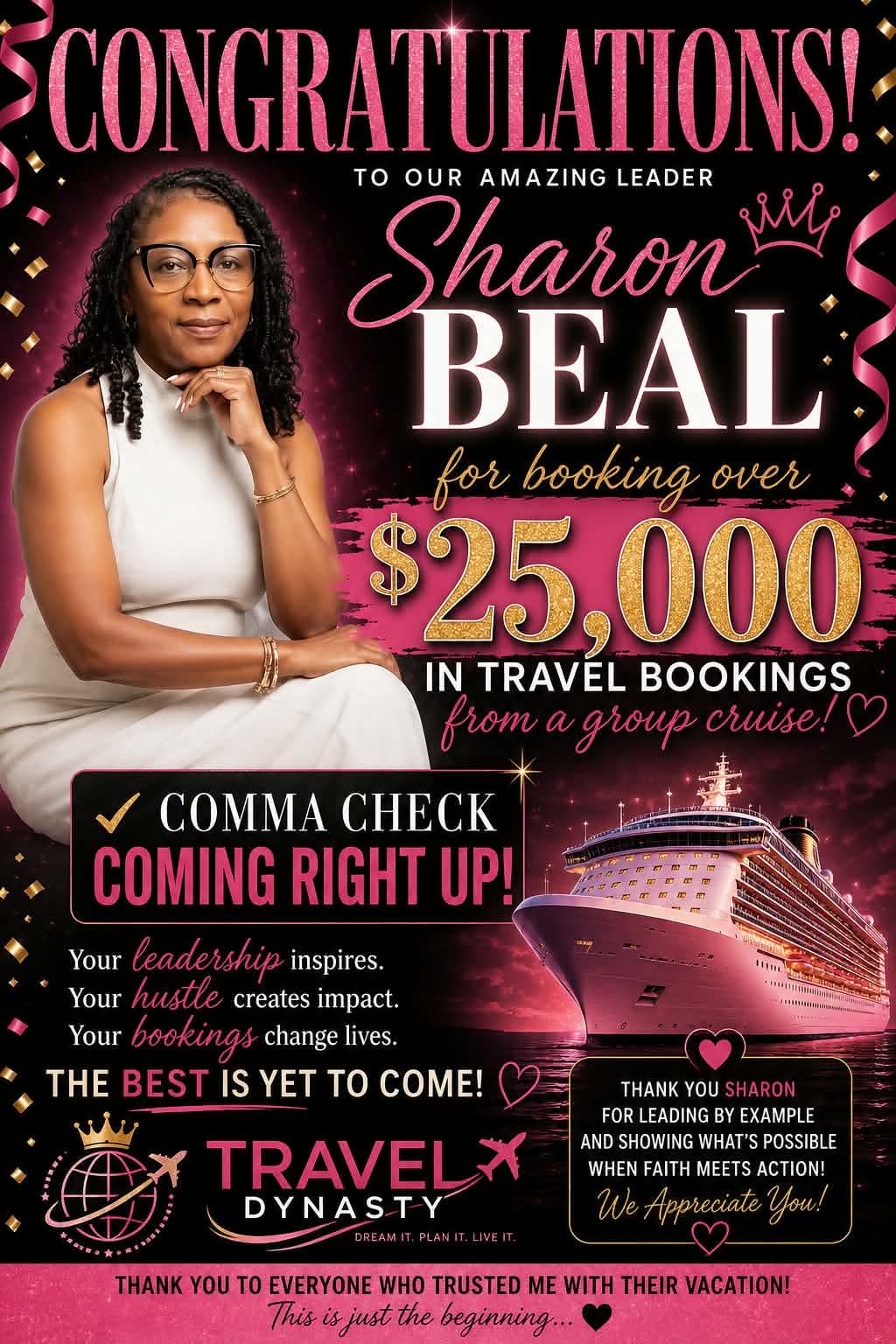 Sharon Beal celebrating more than 25,000 dollars in group cruise bookings