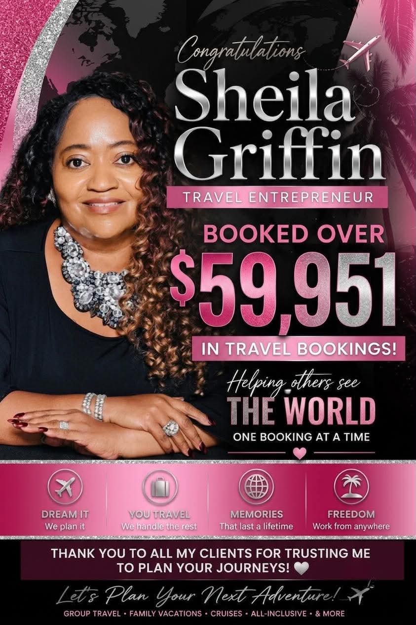 Sheila Griffin celebrating more than 59,951 dollars in travel bookings